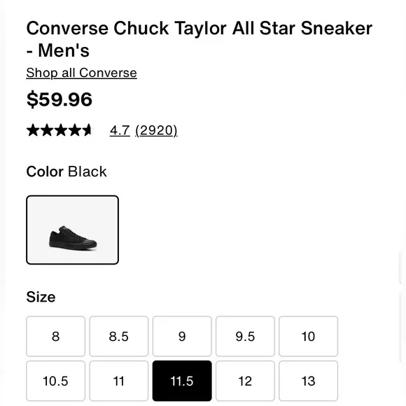 Preowned Low Tops Converse Unisex Black Color Size M11.5 W 13.5. - Picture 8 of 10